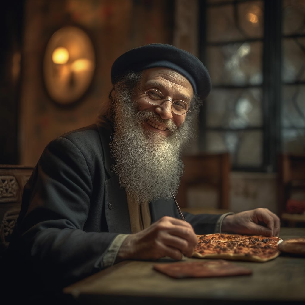 An old Jewish man is quite happy while eating pizza