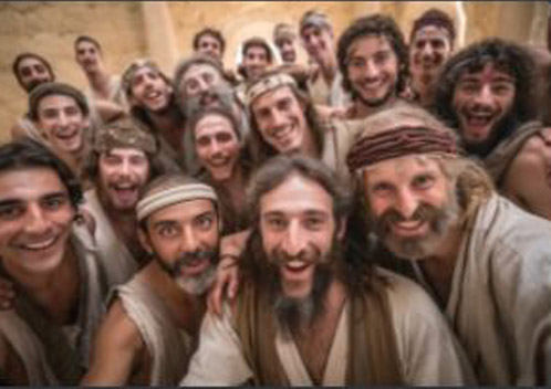 A historical selfie of a group of Jewish men, all dressed in traditional battle garb, each smiling directly at the camera, made with Midjourney V6