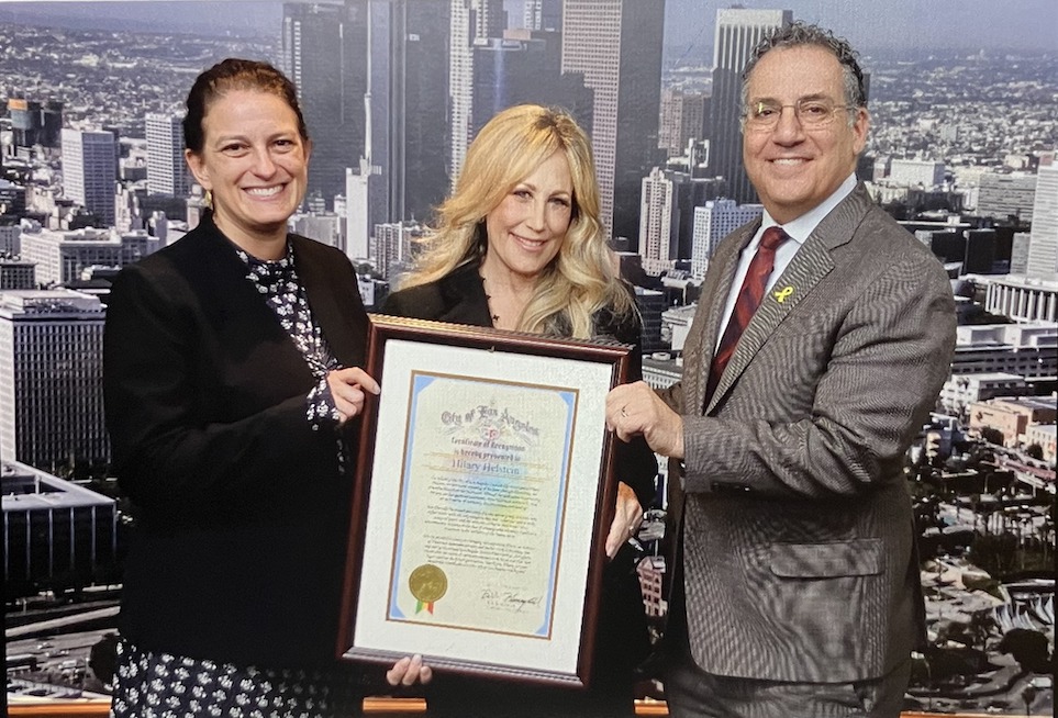 Pictured here (L to R) -  Councilmember Katy Yaroslavsky, Hilary Helstein, and Councilmember Bob Blumenfield honoring Hilary Helstein's work as a filmmaker and Los Angeles Jewish Film Festival Director